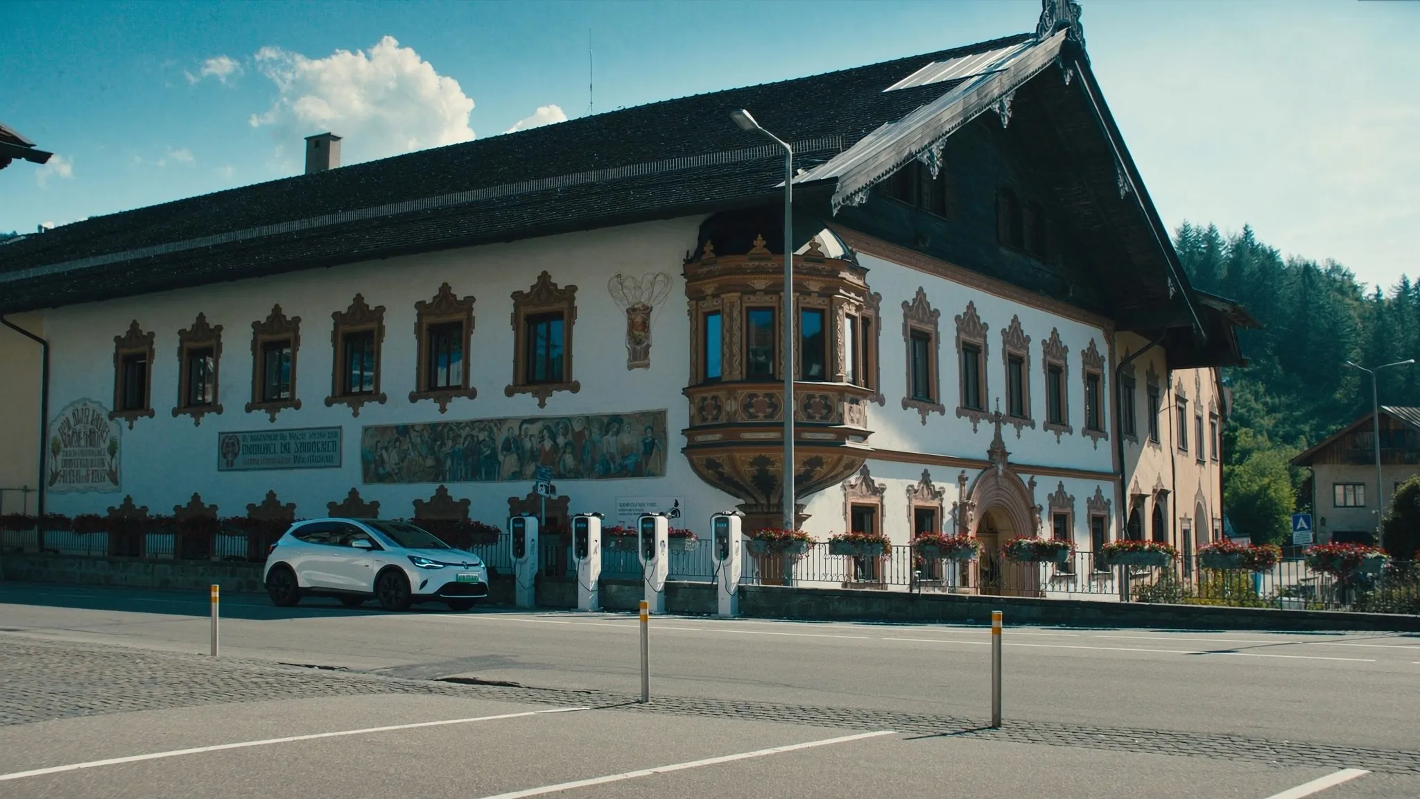 Marktplatz mit Rathaus und öffentlichen Ladesäulen